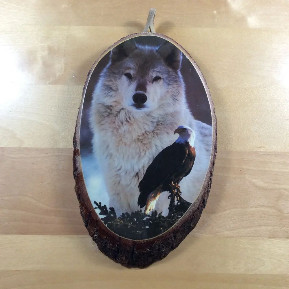 Vintage Wooden Eagle & Wolf Wall Plaque